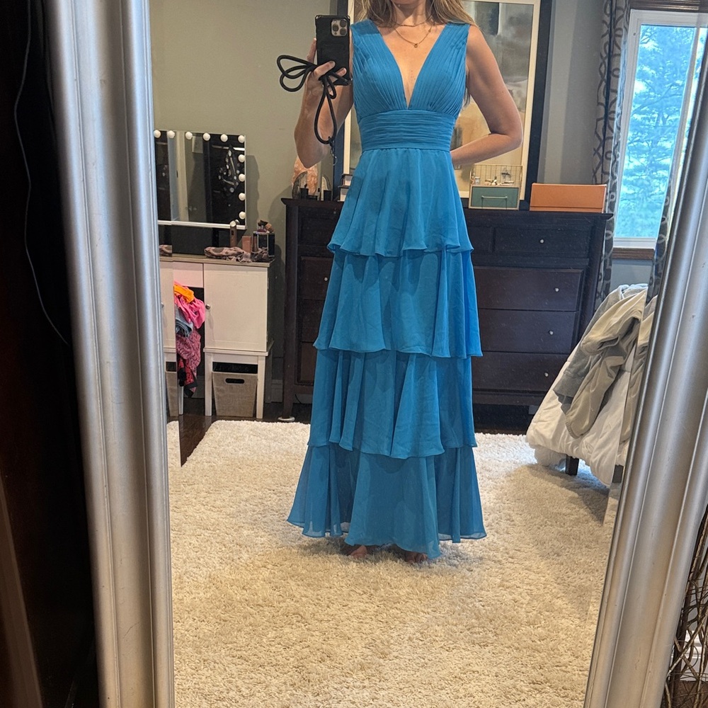 Sleeveless V-Neck Teal Tiered Chiffon Maxi wedding Dress size 14